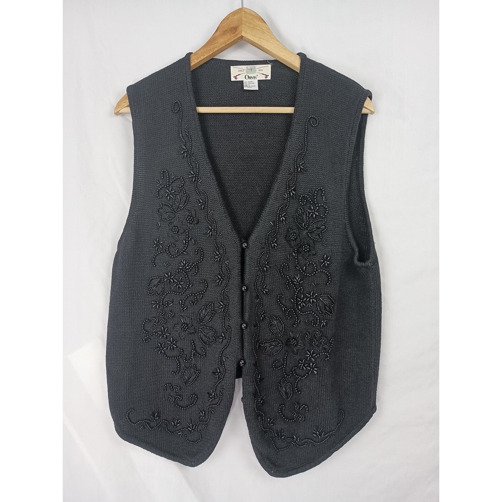 Vintage Orvis Beaded Sweater Vest Floral‎ Design Black Ramie/Cotton Granny